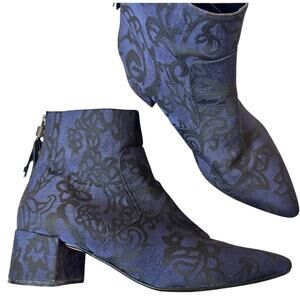 Karl Lagerfeld Blue Black Floral Fabric Ankle Boots Women’s 6.5 Fall Heeled Boot